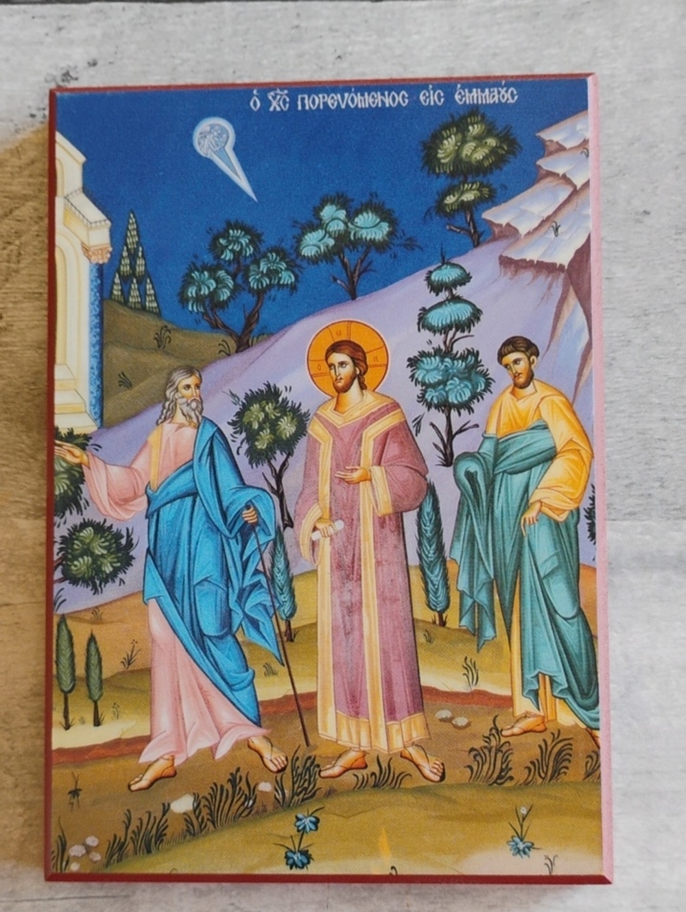 Road To Emmaus Religious Icon Art Panel Wood Plaque With Key Hole Mount